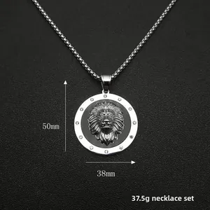Detailed view of silver lion head pendant with 50mm height and 38mm width measurements