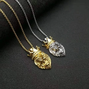 Hip Hop 316 Stainless Steel Lion Head Pendant Necklace Crown Rhinestone Eyes Gold Silver Plated Jewelry For Men Women