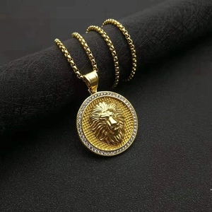 Collier Pendentif Tête de Lion Hip Hop Acier Inoxydable Avec Strass Bijoux Plaqués Or sous Vide pour Homme Femme Animal