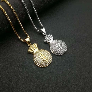 Collier pendentif sac d'argent hip-hop avec strass brillants en finitions or et argent