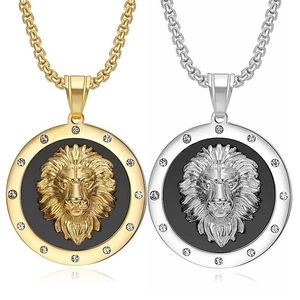 Hip Hop Lion Head Pendant Necklace Stainless Steel Vacuum Plated Rhinestone Animal Jewelry For Men Women Gold Silver