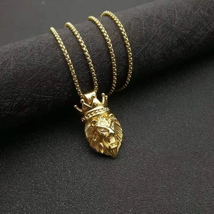 Hip hop gold lion head pendant necklace with crown and diamonds on a box chain