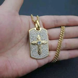 Gold stainless steel dog tag necklace with iced out cross pendant and box chain