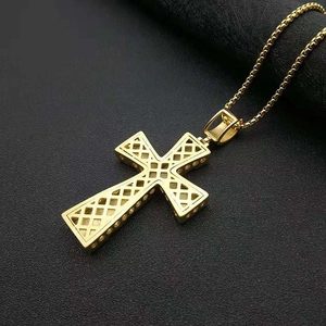 Hip hop gold plated stainless steel cross pendant necklace with sparkling rhinestones