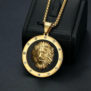 Hip hop lion head pendant necklace in 18K gold plated stainless steel with zircon accents
