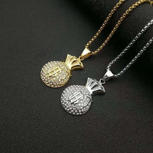 Collier Pendentif Sac d'Argent Signe Dollar en Acier Inoxydable Hip Hop pour Homme Femme Bijoux de Mode en Strass