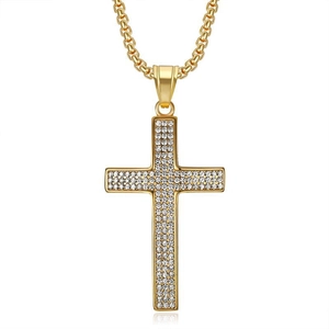 Collier pendentif croix hip hop en acier doré avec cristaux brillants pour hommes