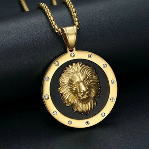 Hip hop lion head pendant necklace in gold plated stainless steel with rhinestones