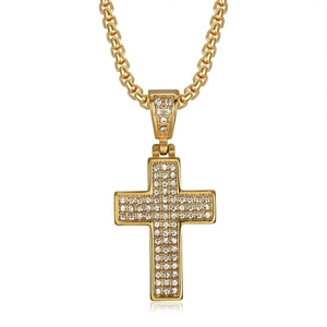 Hip hop gold plated cross pendant necklace with sparkling crystals and box chain for unisex