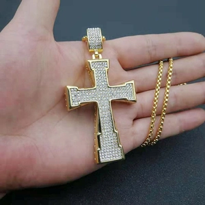 Hip hop gold plated stainless steel cross pendant necklace with sparkling micro crystals