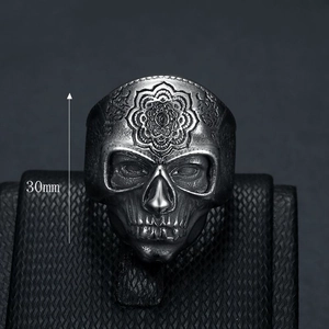 Detail view of gothic skull ring with 30mm height and ornate mandala floral engraving