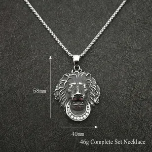 Vintage punk stainless steel lion head pendant necklace with rhinestones and box chain
