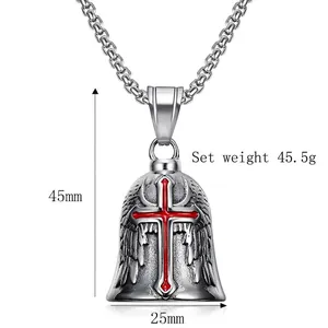 Biker Schutzglocke Anhänger aus Edelstahl mit rotem Kreuz und Engel Flügel Gravur