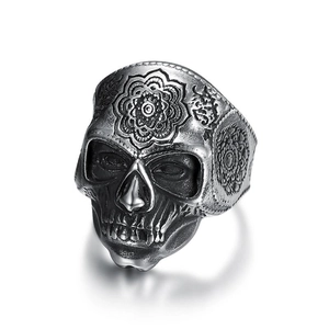 Vintage stainless steel sugar skull ring for men with intricate floral mandala engravings