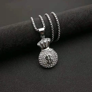 Collier pendentif sac d'argent avec signe dollar et pierres serties sur chaîne box