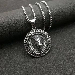 Collier pendentif tête de lion en acier inoxydable style punk avec strass et chaîne
