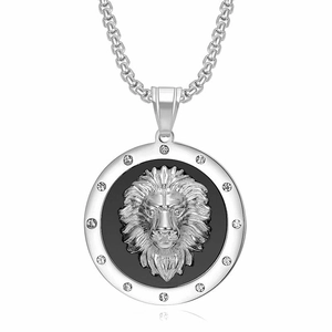 Hip hop lion head pendant necklace in silver stainless steel with box chain and rhinestones