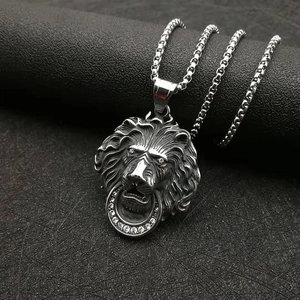 Gothic lion head pendant necklace in retro stainless steel with sparkling crystals