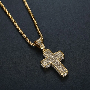 Hip hop gold plated cross pendant necklace with sparkling rhinestones for men and women