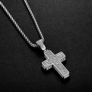 Hip hop iced out cross pendant in silver finish with box chain for men and women