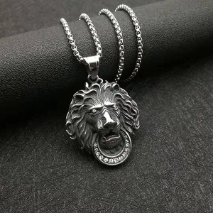 Hip Hop Stainless Steel Lion Head Pendant Necklace For Men Silver Polished Rhinestone Animal Punk Style Jewelry Gift