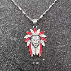 Detail view showing a 58mm by 34mm Indian chief head pendant with enamel detailing