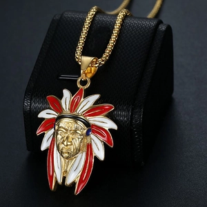 Gold-plated stainless steel hip hop necklace featuring a colorful Indian chief pendant