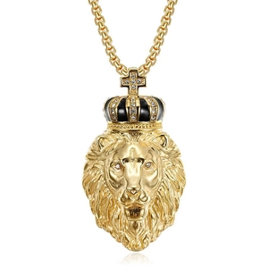 Collier hip hop en acier titane plaqué or avec pendentif tête de lion et couronne sertie