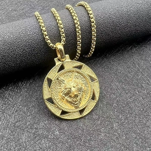Gold Viking wolf head pendant necklace with round disc relief and box chain for men