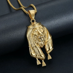 Collier Pendentif Tête de Lion Hip Hop Punk pour Homme Acier Inoxydable Style Ethnique Moyen Orient Bijoux Plaqué Or Argent