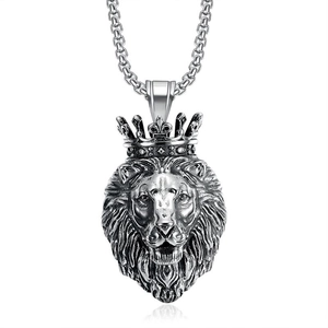 Collier hip hop tête de lion avec pendentif couronne argenté vintage et chaîne
