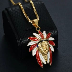 Gold-plated hip hop necklace with Native American chief pendant and colorful enamel details