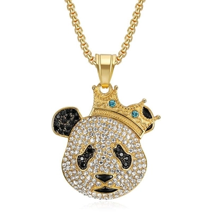 Collier Pendentif Panda Couronne en Acier au Titane Hip Hop Strass Plaqué Or Argent Bijoux de Mode de Rue Hommes Femmes