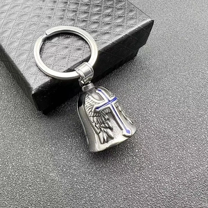 Retro-Motorradglocke aus Edelstahl mit Engelsflügeln und blauem Kreuz-Relief-Anhänger