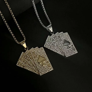 Hip Hop 316 Edelstahl Pave Strass Spielkarten Anhänger Halskette Royal Flush Pik-Ass Schmuck Für Herren Damen