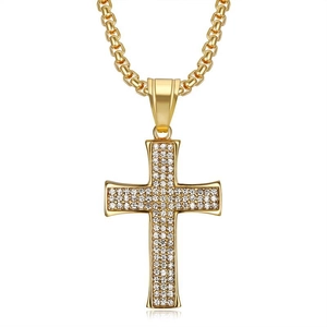 Collier pendentif croix hip hop en acier titane doré avec zircons blancs brillants