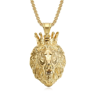 Collier avec pendentif tête de lion punk hip hop et couronne en acier titane doré