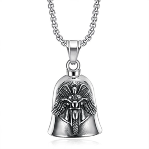 Retro stainless steel biker bell necklace featuring angel wings and motorcycle embossed relief