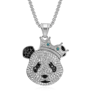 Collier hip hop avec pendentif panda couronné, cristaux et chaîne box argentée