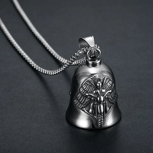 Titanium Steel Motorcycle Angel Wings Guardian Bell Pendant Necklace For Men Retro Punk Gothic Biker Jewelry Silver