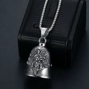 Vintage stainless steel guardian bell pendant with winged biker relief on box chain