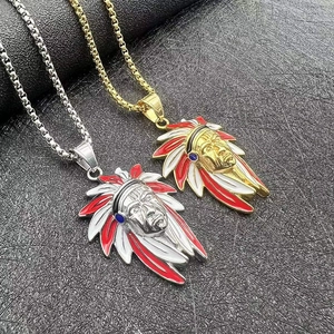 Macro shot of hip hop pendant featuring detailed Indian chief head in gold and silver finish
