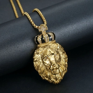 Collier Pendentif Tête de Lion Hip Hop Couronne Acier Titane Strass Croix Lion King Bijoux Or Argent Électroplaqué Homme Femme