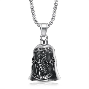 Vintage stainless steel Saint Christopher guardian bell pendant with box chain necklace