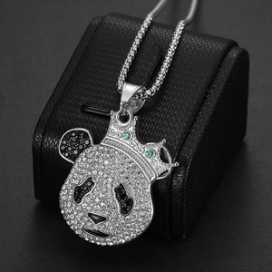 Pendentif panda couronne hip-hop avec cristaux brillants et collier plaqué argent fin