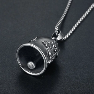 Vintage stainless steel biker guardian bell necklace with detailed wing engraving and square link chain