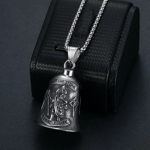Vintage 316 Stainless Steel Saint Christopher Guardian Bell Pendant Necklace Retro Punk Biker Lucky Rider Bell Charm Jewelry Unisex Gift