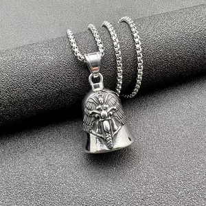 Detailed relief of vintage angel riding motorcycle on retro silver steel bell pendant