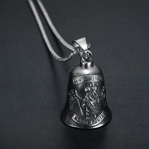 Retro Saint Christopher lucky bell pendant necklace in vintage silver steel for motorcycle riders