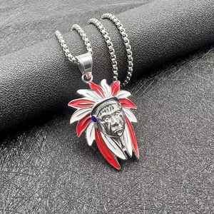 Hip hop silver steel necklace with red white enamel Indian chief pendant on box chain